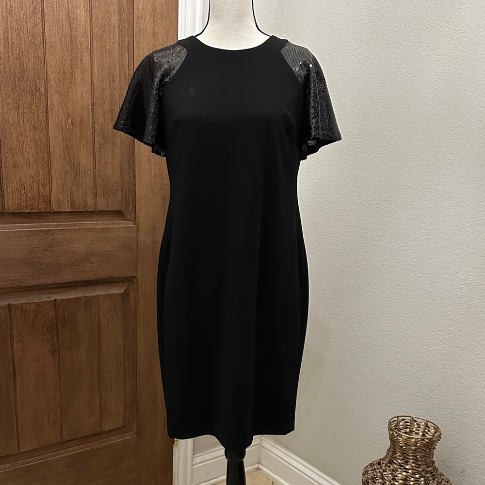 Calvin Klein Black Dress with Shimmering Sleeves